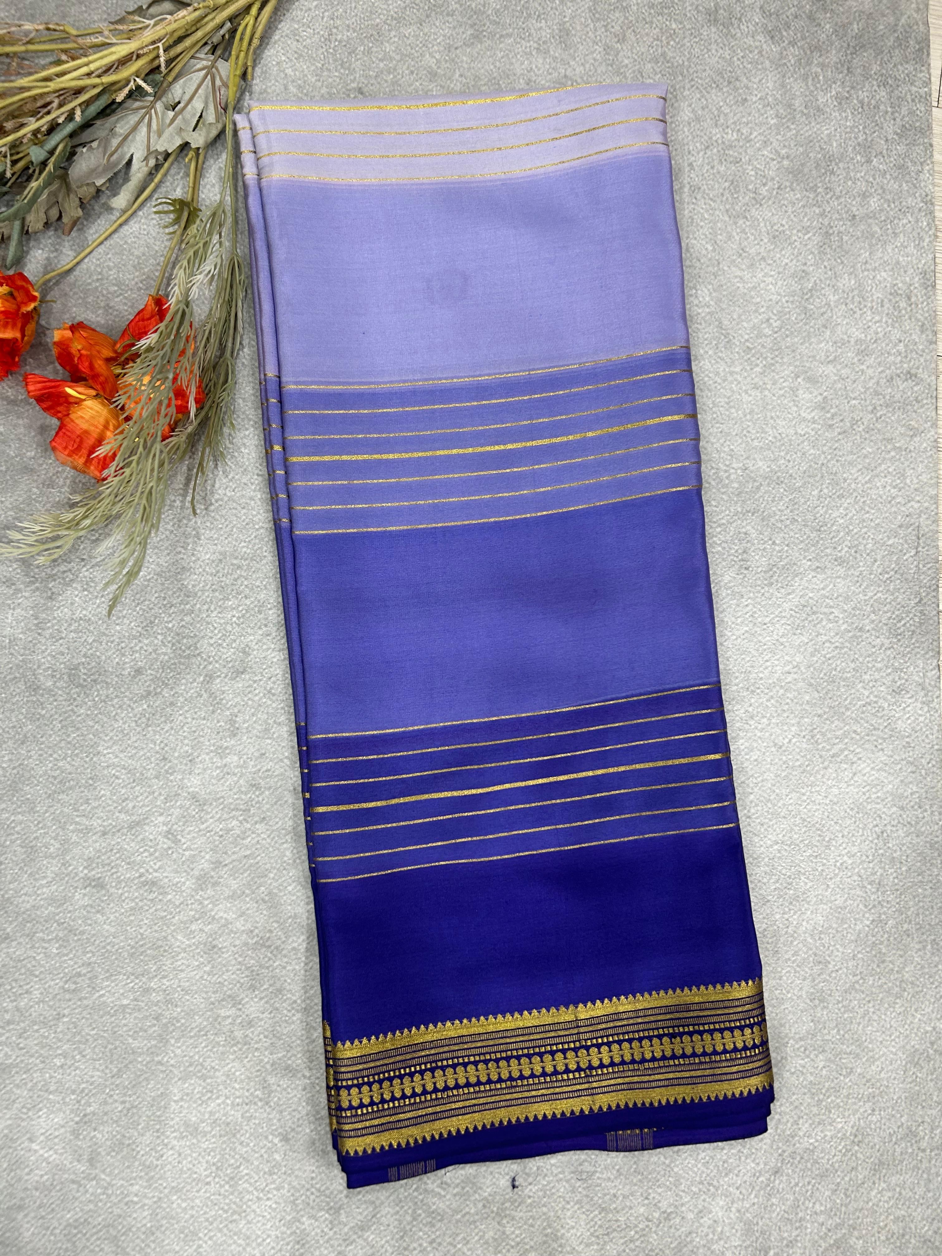 Exquisite Purple Brush Dye Pure Mysore Silk Saree with Striped Border